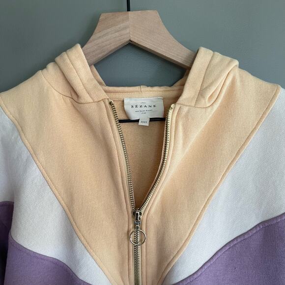 SEZANE‎ Tess Hooded Sweatshirt Size XXS Mauve Purple Yellow Chic French Pullover - Picture 10 of 16
